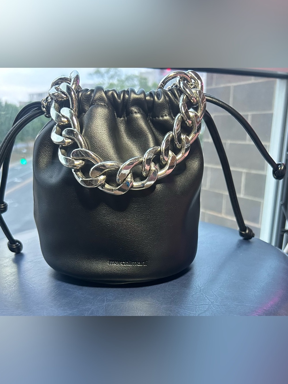 Black Mini Drawstring Bag with Chunky Silver Chain